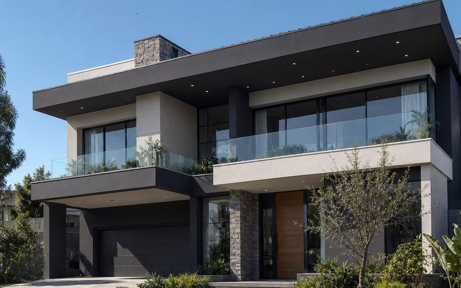 Modern two-storey home with glass balustrades and landscaped entry